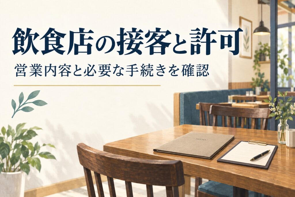 飲食店の接客と許可という見出しと、店内のテーブル・メニュー・確認用紙のイメージ画像