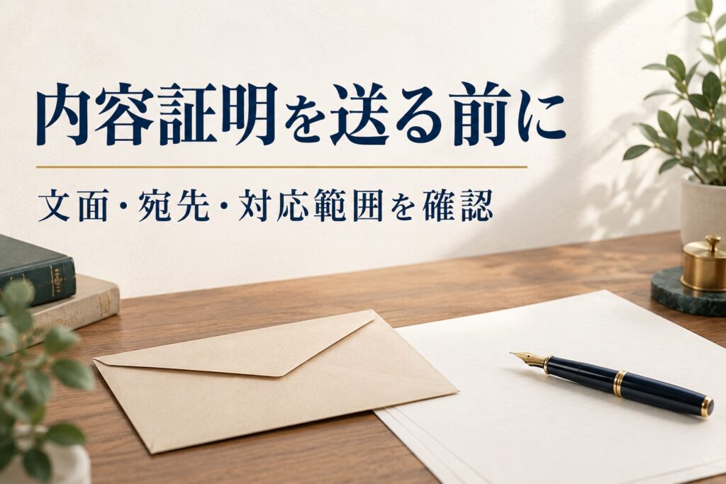 内容証明を送る前にという見出しと、机に置かれた封筒・便箋・万年筆のイメージ画像