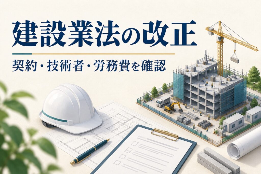 建設業法の改正という見出しと、建設現場・ヘルメット・図面・チェック用紙のイラスト
