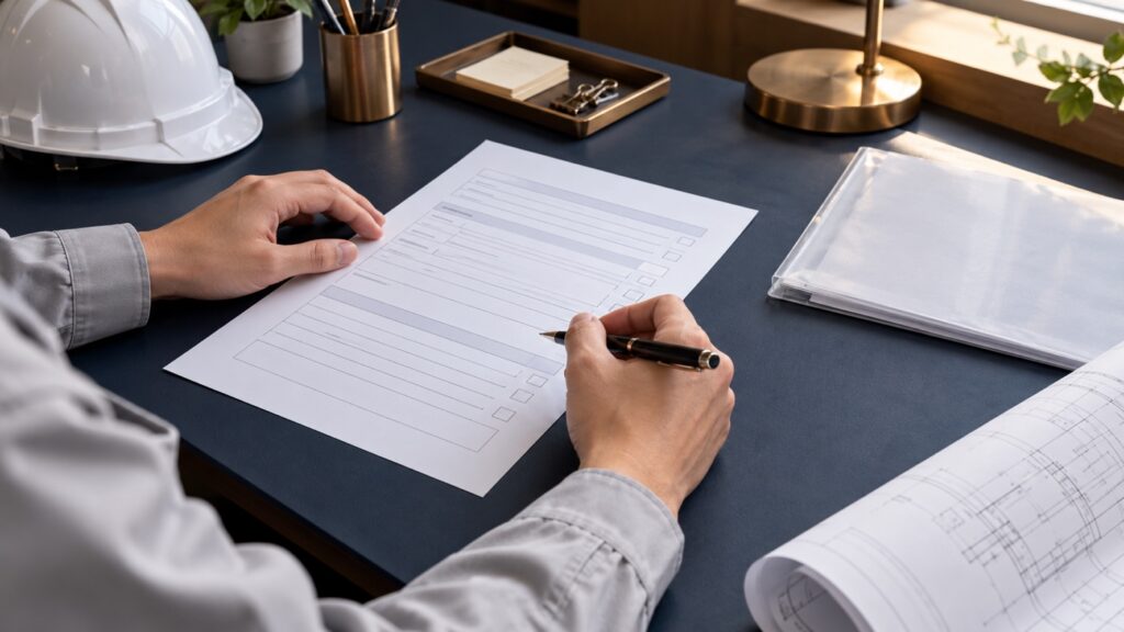 建設会社の担当者が、法人番号提供書の記入欄を確認しながら書類を整えている手元