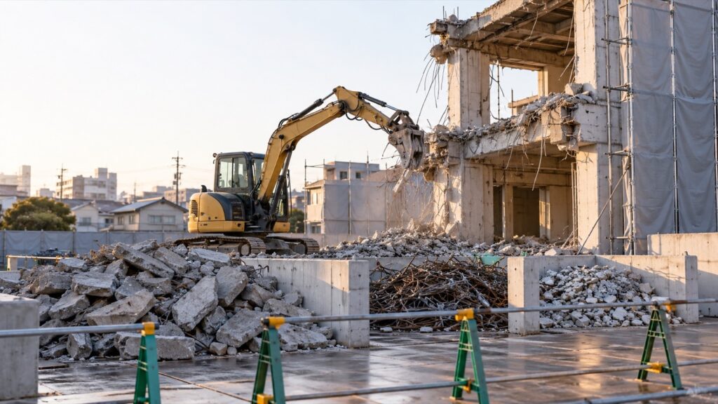 解体中の建物と小型重機、分別して整理されたコンクリートが見える日本の解体工事現場