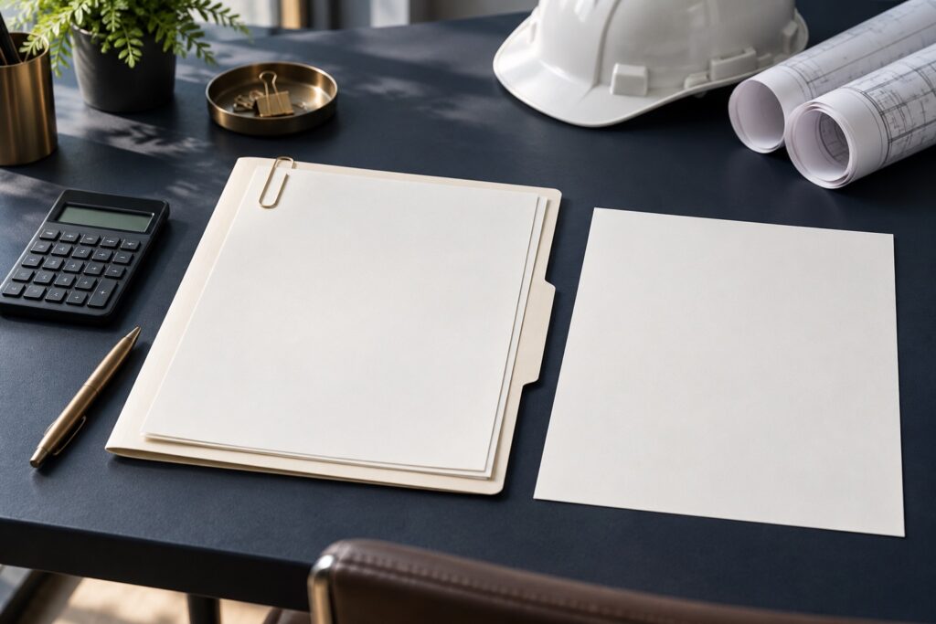 濃紺の机に並べた申請書類、電卓、ペンと建設用ヘルメット